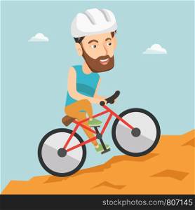 Extreme hipster man with the beard riding on mountain bike. Young confident man tourist in helmet traveling in the mountains on a mountain bicycle. Vector flat design illustration. Square layout.. Young man on bicycle traveling in the mountains.
