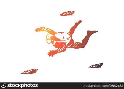 Extreme, jump, parachute, skydiving, fall concept. Hand drawn one person flying in sky concept sketch. Isolated vector illustration.. Extreme, jump, parachute, skydiving, fall concept. Hand drawn isolated vector.