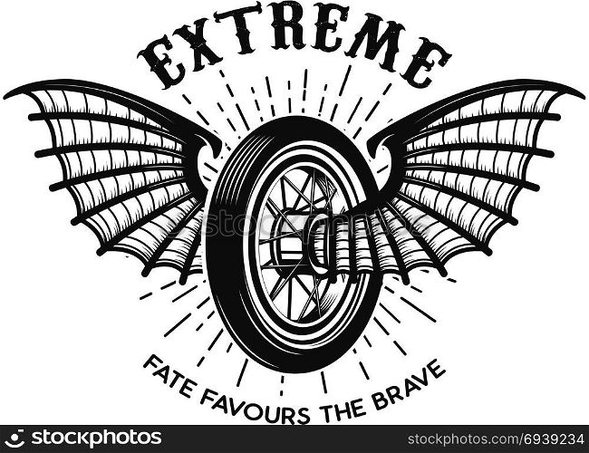 Extreme. Motorcycle wheel with bat wings. Design element for logo, label, emblem, sign. Vector illustration