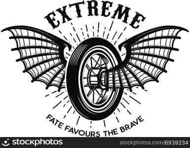 Extreme. Motorcycle wheel with bat wings. Design element for logo, label, emblem, sign. Vector illustration