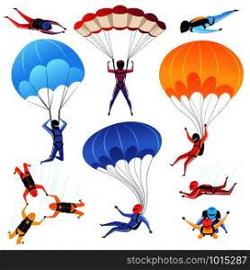 Extreme parachute sport. Adrenaline characters jumping paragliding and skydiving fly aerodynamics vector picture isolated. Skydiver jumping, parachuting sport, paragliding illustration. Extreme parachute sport. Adrenaline characters jumping paragliding and skydiving fly aerodynamics vector picture isolated