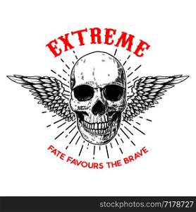 Extreme. Poster template with winged human skull. Design element for poster, logo, label, sign, badge. Vector illustration