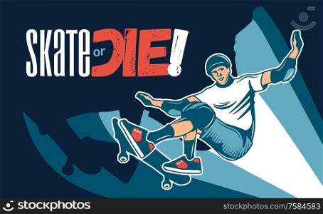 Extreme skateboarding colored hand drawn background with young man in helmet and knee pads skating on city streets or skate ramp vector illustration. Skateboarding Colored Hand Drawn Illustration