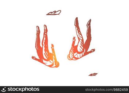 Extreme, sky, free, parachute, skydiving concept. Hand drawn two persons flying in sky concept sketch. Isolated vector illustration.. Extreme, sky, free, parachute, skydiving concept. Hand drawn isolated vector.