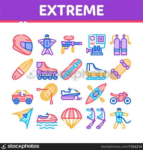 Extreme Sport Activity Collection Icons Set Vector Thin Line. Bike And Crash Helmet, Parachute And Hang-glider Equipment For Extreme Active Concept Linear Pictograms. Color Contour Illustrations. Extreme Sport Activity Collection Icons Set Vector