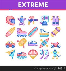 Extreme Sport Activity Collection Icons Set Vector Thin Line. Bike And Crash Helmet, Parachute And Hang-glider Equipment For Extreme Active Concept Linear Pictograms. Color Contour Illustrations. Extreme Sport Activity Collection Icons Set Vector