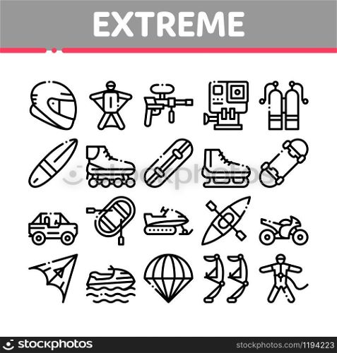 Extreme Sport Activity Collection Icons Set Vector Thin Line. Bike And Crash Helmet, Parachute And Hang-glider Equipment For Extreme Active Concept Linear Pictograms. Monochrome Contour Illustrations. Extreme Sport Activity Collection Icons Set Vector