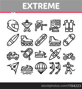 Extreme Sport Activity Collection Icons Set Vector Thin Line. Bike And Crash Helmet, Parachute And Hang-glider Equipment For Extreme Active Concept Linear Pictograms. Monochrome Contour Illustrations. Extreme Sport Activity Collection Icons Set Vector