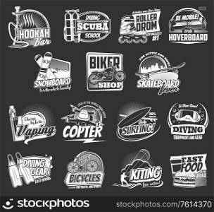 Extreme sport and active leisure vector icons. Bicycle, motorcycle, surfing board, skateboard and snowboard, diving, kitesurfing and vaping, roller skates, hookah, hoverboard and fast food emblems. Extreme sport and active leisure icons