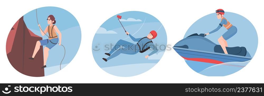 Extreme sport flat compositions on color background set of climbing parachuting hydrocycling isolated vector illustration. Extreme Sport Compositions Set