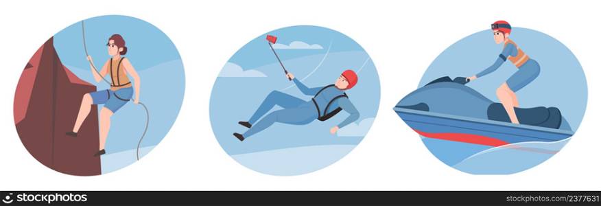 Extreme sport flat compositions on color background set of climbing parachuting hydrocycling isolated vector illustration. Extreme Sport Compositions Set