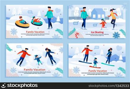 Extreme Sport for Family on Winter Vacation Set. Flat Banner Kit with Cartoon Parents and Children Skating, Skateboarding, Slide Down Hill on Holidays. Outdoors Activities. Vector Illustration. Extreme Sport for Family on Winter Vacation Set