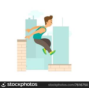 Extreme sport parkour, man running by roof, buildings and skyscrapers. Person in sportwear jumping on skyscrapers, freerunning vector. Parkourman hops from building to building in order to break. Man Running by Roof, Parkour Extreme Sport Vector