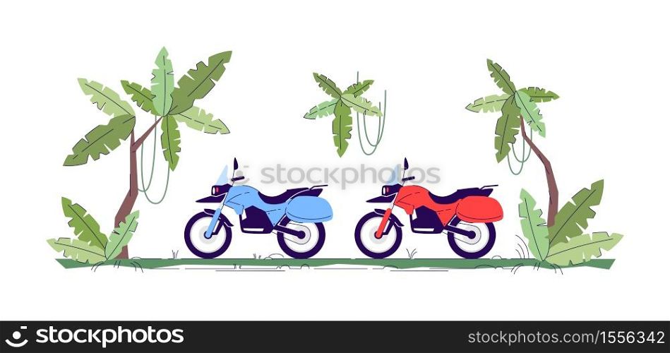 Extreme sport semi flat RGB color vector illustration. Jungle exploration. Tropical forest trip on motor bike. Two different color motorcycles isolated cartoon object on white background. Extreme sport semi flat RGB color vector illustration