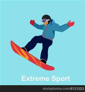 Extreme sport snowboard design. Snow and snowboard jump, snowboard isolated, surfing and winter, cold and mountain, speed board, season snowboarding, snowboarder illustration