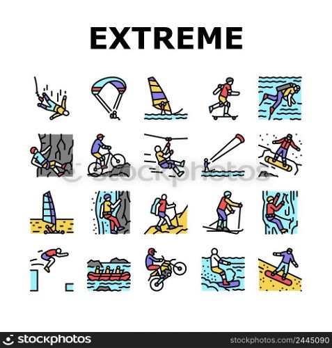 Extreme Sport Sportsman Activity Icons Set Vector. Bungee Jumping And Motocross, Wakeboarding And Ice Climbing, Skiing And Windsurfing Extreme Sport. Sportive Active Color Illustrations. Extreme Sport Sportsman Activity Icons Set Vector