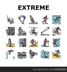 Extreme Sport Sportsman Activity Icons Set Vector. Bungee Jumping And Motocross, Wakeboarding And Ice Climbing, Skiing And Windsurfing Extreme Sport. Sportive Active Color Illustrations. Extreme Sport Sportsman Activity Icons Set Vector