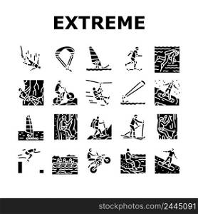 Extreme Sport Sportsman Activity Icons Set Vector. Bungee Jumping And Motocross, Wakeboarding And Ice Climbing, Skiing Windsurfing Extreme Sport. Sportive Active Glyph Pictograms Black Illustrations. Extreme Sport Sportsman Activity Icons Set Vector