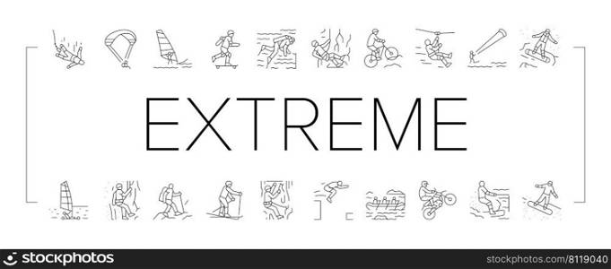 Extreme Sport Sportsman Activity Icons Set Vector. Bungee Jumping And Motocross, Wakeboarding And Ice Climbing, Skiing And Windsurfing Extreme Sport. Sportive Active Black Contour Illustrations. Extreme Sport Sportsman Activity Icons Set Vector