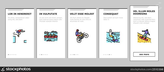 Extreme Sport Sportsman Activity Onboarding Mobile App Page Screen Vector. Bungee Jumping And Motocross, Wakeboarding And Ice Climbing, Skiing Windsurfing Extreme Sport. Sportive Active Illustrations. Extreme Sport Sportsman Activity Onboarding Icons Set Vector