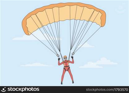 Extreme sports and activities concept. Parachutist in sport costume flying on sports parachute feeling adrenaline and freedom in sky vector illustration . Extreme sports and activities concept