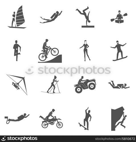 Extreme sports black icons set with people snorkeling diving jumping isolated vector illustration. Extreme Sports Icons