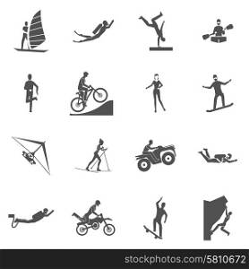 Extreme sports black icons set with people snorkeling diving jumping isolated vector illustration. Extreme Sports Icons