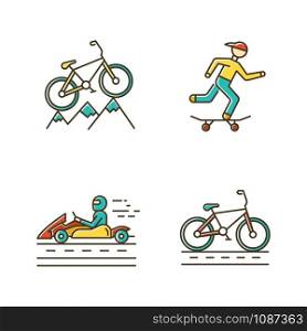 Extreme sports color icons set. Mountain cycling. Cross-country, downhill biking. Skateboarding. Karting, open-wheel motorsport. Cycling, bicycle racing. Isolated vector illustrations