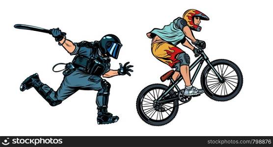 extreme sports cyclist. riot police with a baton. Pop art retro vector illustration drawing. extreme sports cyclist. riot police with a baton