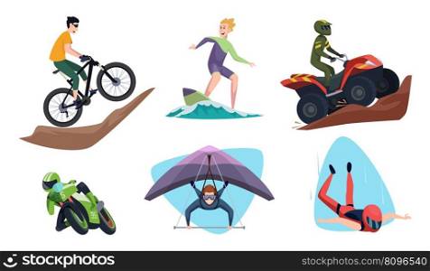 Extreme sports. Dangerous risky outdoor characters motorbike drivers jumpers mountain adventure freedom activity walkers runners exact vector cartoon templates of extreme sport illustration. Extreme sports. Dangerous risky outdoor characters motorbike drivers jumpers mountain adventure freedom activity walkers runners exact vector cartoon templates
