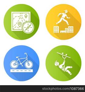 Extreme sports flat design long shadow glyph icons set. Foot orienteering. Navigation equipment. Zipline, canopy tour. Parkour, traversing obstacles. Bicycle racing. Vector silhouette illustration