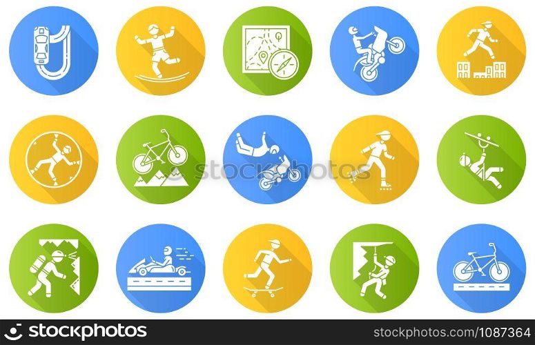 Extreme sports flat design long shadow glyph icons set. Mountaineering. Spelunking. Cycling, rollerskating. Motorcar racing. Street culture. Orienteering skill. Vector silhouette illustrations