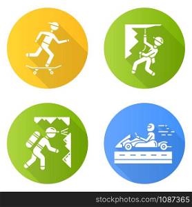 Extreme sports flat design long shadow glyph icons set. Skateboarding. Karting, open-wheel motorsport. Abseiling, rappelling. Alpinism, mountaineering. Spelunking. Vector silhouette illustration