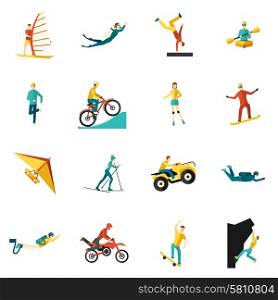 Extreme sports flat icons set with kite cycling rowing isolated vector illustration. Extreme Sports Flat Icons Set