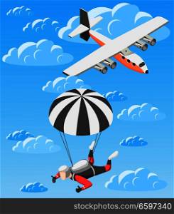 Extreme sports isometric background parachuting theme with with the images of aircraft and skydiver soaring in clouds vector illustration. Extreme Sports Isometric Background