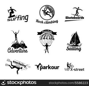 Extreme sports label sketch of diving climbing sailing isolated vector illustration
