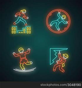 Extreme sports neon light icons set. Parkour, traversing obstacles. Zorbing, globe-riding. Slacklining, balance training. Abseiling, rappelling. Alpinism. Glowing signs. Vector isolated illustrations