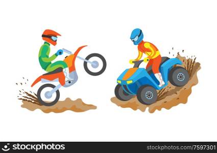 Extreme sports of men vector, isolated people going in professional sporting and activities, male on motorbike, quad biking hobby of person in uniform. Man Riding Motorbike and Quad Bike Extreme Sports