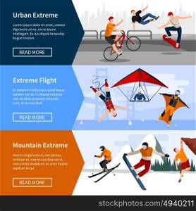 Extreme Sports People Banners. Colorful horizontal banners with people doing extreme sports such as parkour paragliding and snowboarding isolated vector illustration