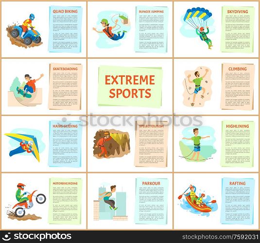 Extreme sports poster with text, wall climbing and rafting in boat, skateboarding and highlining balancing on line, bungee jumping and hang gliding. Extreme Sports Skydiving and Motorbike Riding Set