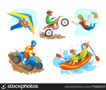 Extreme sports set vector, man riding a quad bike male on motorcycle. Woman bungee jumping, hang gliding person and water rafting hobby summer hobby. Quad Biking Hobby of Man, Motorbike Bungee Jumping