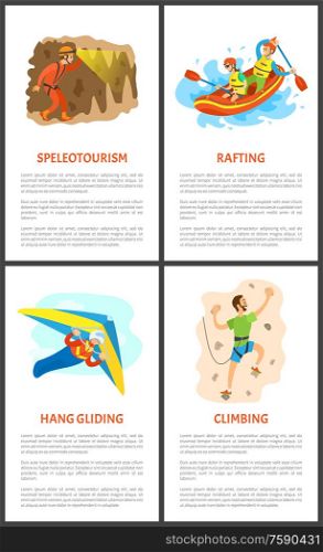Extreme sports set vector, speleotourism and skydiving. Wall climbing and rafting summer hobby posters set with text, active people skydiver and climber. Speleotourism and Wall Climbing Extreme Sports Set