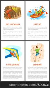 Extreme sports set vector, speleotourism and skydiving. Wall climbing and rafting summer hobby posters set with text, active people skydiver and climber. Speleotourism and Wall Climbing Extreme Sports Set