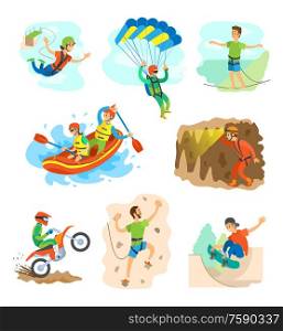 Extreme sports vector, speleotourism man in cave with flashlight, bungee jumping woman and highlining. Skydiving and wall climbing, skateboarding biking. Extreme Sports, Bungee Jumping and Rafting in Boat