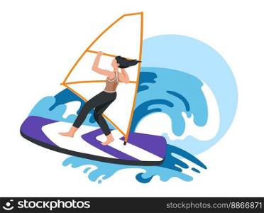 Extreme sports, woman windsurfing catching wave and balancing on surfing board wearing swimming suit. Professional or beginner. Summer activity and active lifestyle by seaside. Vector in flat style. Windsurfing, summer activity and sports vector