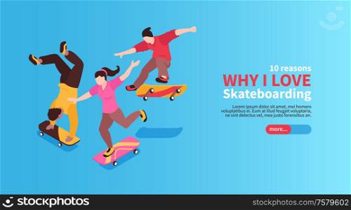 Extreme street sport horizontal banner with young people riding on skateboards isometric vector illustration