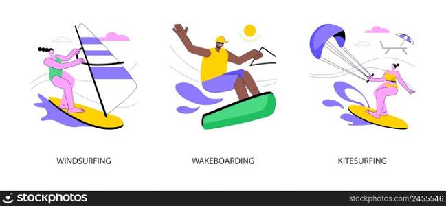 Extreme water fun abstract concept vector illustration set. Windsurfing and wakeboarding, kitesurfing flying adventure, wind speed, ocean wave, beach holiday, boat cable, freestyle abstract metaphor.. Extreme water fun abstract concept vector illustrations.