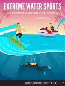 Extreme Water Sports Flat Composition Poster. Extreme water sports flat composition tropical vacation poster with underwater snorkeling scuba flinsmimming and waterboarding vector illustration