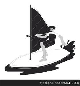 Extreme windsurfing sport bw vector spot illustration. Swimwear latino man surfing with sail 2D cartoon flat line monochromatic character for web UI design. Editable isolated outline hero image. Extreme windsurfing sport bw vector spot illustration