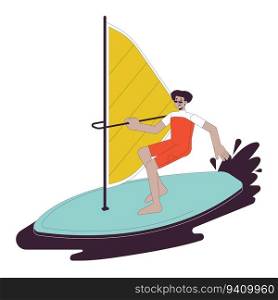 Extreme windsurfing sport flat line vector spot illustration. Swimwear latino man surfing with sail 2D cartoon outline character on white for web UI design. Editable isolated colorful hero image. Extreme windsurfing sport flat line vector spot illustration